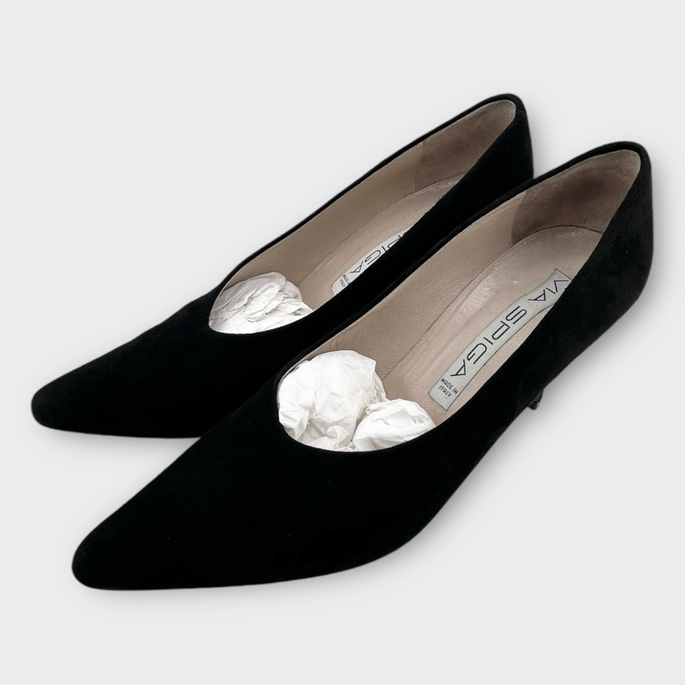 VIA SPIGA black suede pointed toe heels size 7.5 AA Narrow vintage office